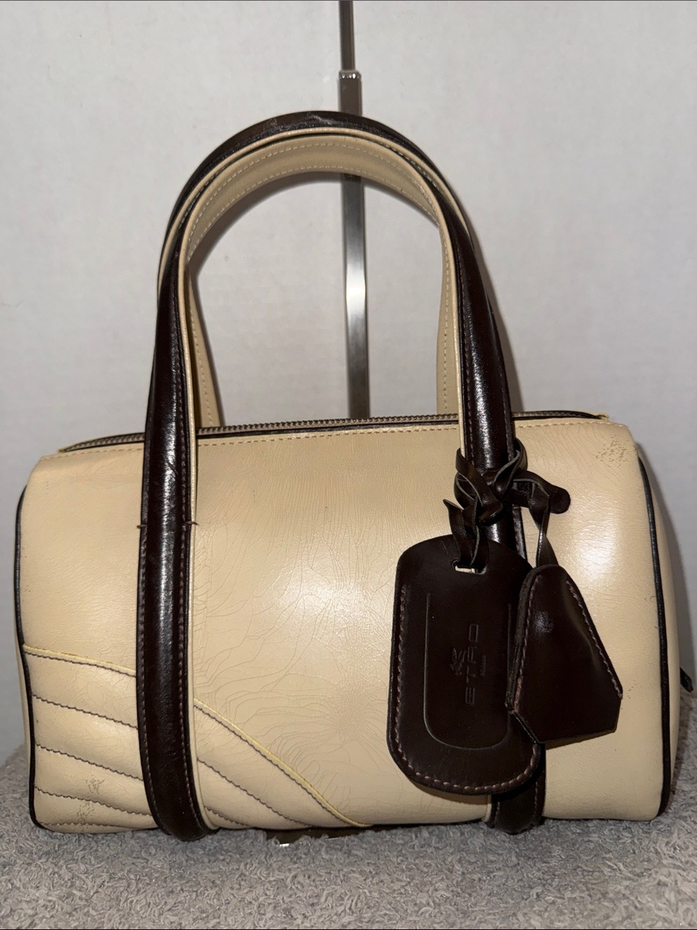 Etro Cream and Dark Brown Leather Bowling Satchel - Picture 3 of 12